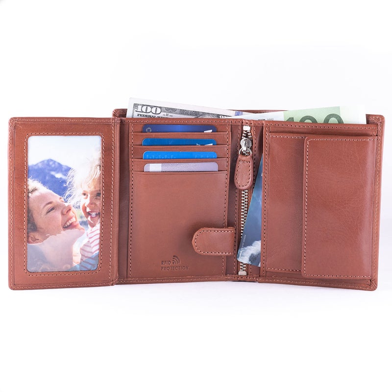 DiLoro Mens Full Size Large Capacity Genuine Full Grain Leather Wallet Bifold Flip ID Coin & Zip Pockets RFID Blocking Anti-Theft (Bugatti Tan) - Image 4