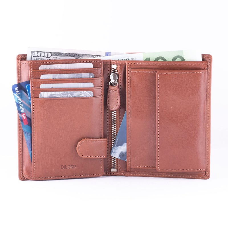 DiLoro Mens Full Size Large Capacity Genuine Full Grain Leather Wallet Bifold Flip ID Coin & Zip Pockets RFID Blocking Anti-Theft (Bugatti Tan) - Image 3