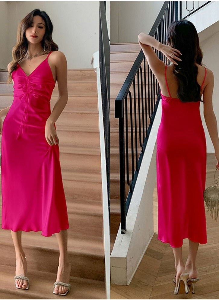 Loquat - Women's Elegant Solid Color Nightgown V-Neck Midi Slip Dress Soft Loungewear Sleepwear Dress With Adjustable Strap Rose Pink - Image 1