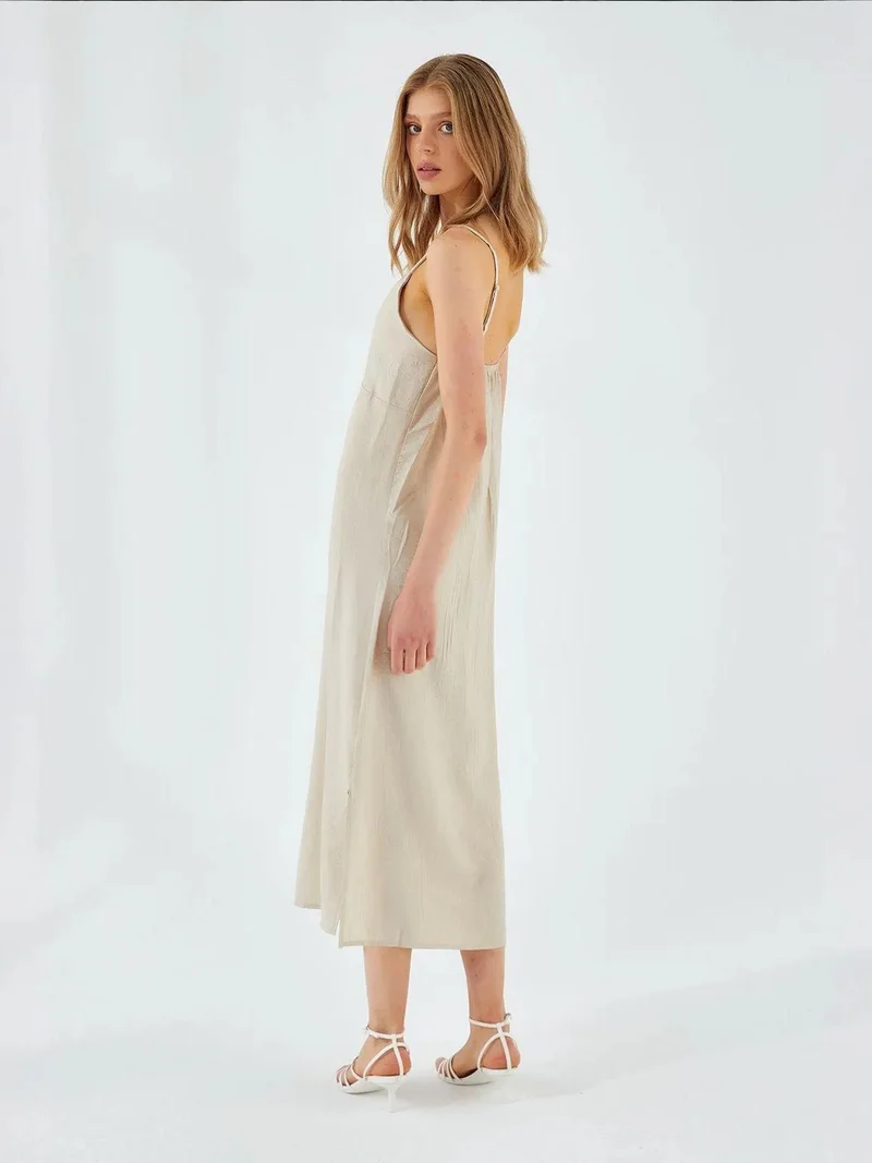 Mixray Stone Natural Mixray V-Neck Slit Midi Dress for Women | Best Price UAE