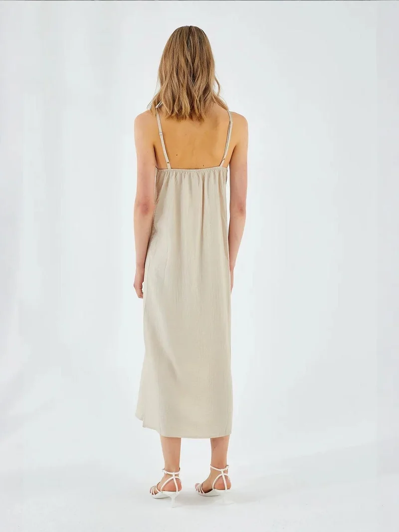 Mixray Stone Natural Mixray V-Neck Slit Midi Dress for Women | Best Price UAE
