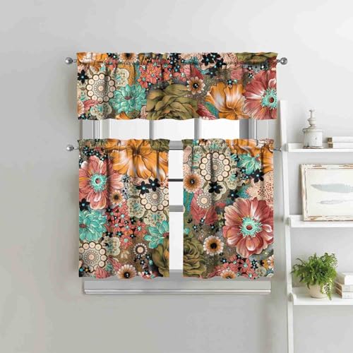 sdhinlwo Boho Kitchen Curtains Sets for Windows Bohemian Flower Curtain Sink Window Valance 3 Piece Set Floral Kitchen Decor Tier Curtains 3 Panels for Living Room Bedroom - Image 5