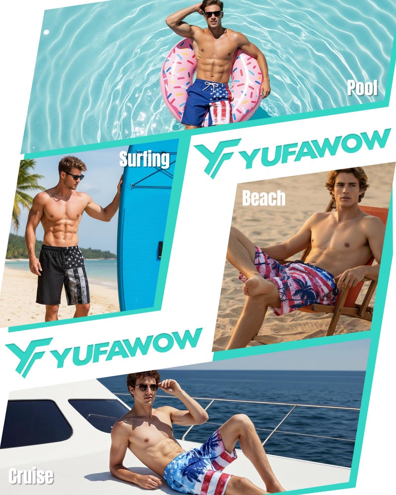 Yufawow 9 Inch 9in Men Swim Trunks Compression Liner Quick Dry Drawstring Male Swimwear Swimsuit Swimtrunks Boardshorts Bathing Suit Fair Beach Water Shorts Mesh Pocket Lined Inseam Harbor American - Image 2