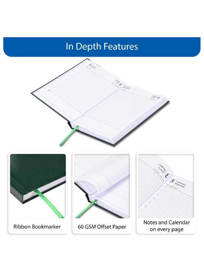 FIS 2026 A5 Diary, 148x210mm Size, 1 Side Padded Vinyl Cover, 1 Day a Page Format, 60gsm White Paper, English/Arabic, Green Cover-FSDI18AE26GR - Image 5