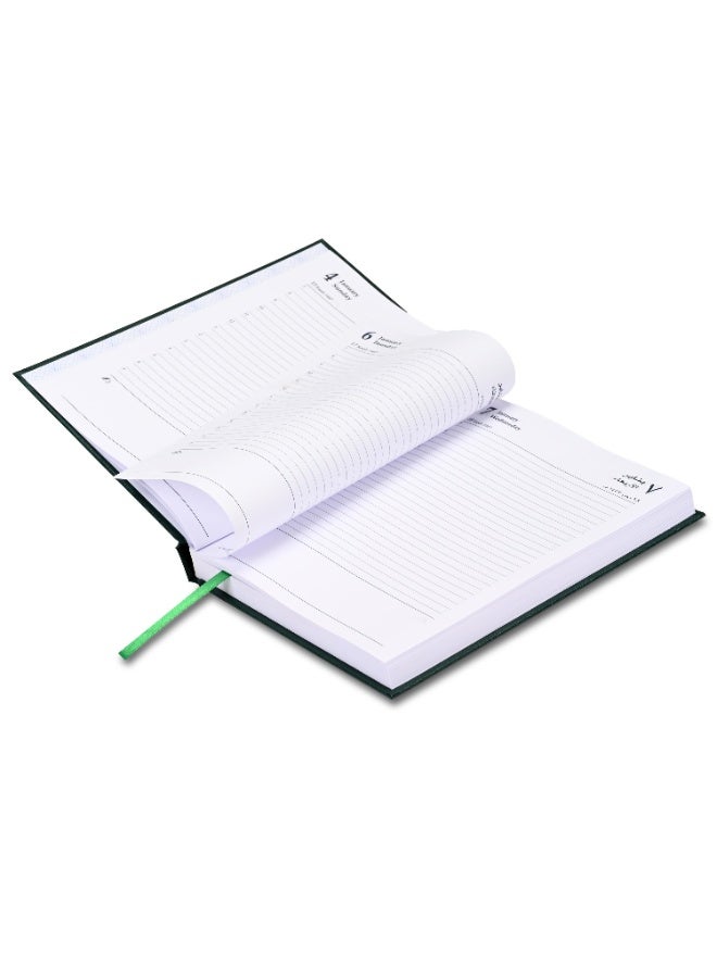 FIS 2026 A5 Diary, 148x210mm Size, 1 Side Padded Vinyl Cover, 1 Day a Page Format, 60gsm White Paper, English/Arabic, Green Cover-FSDI18AE26GR - Image 4