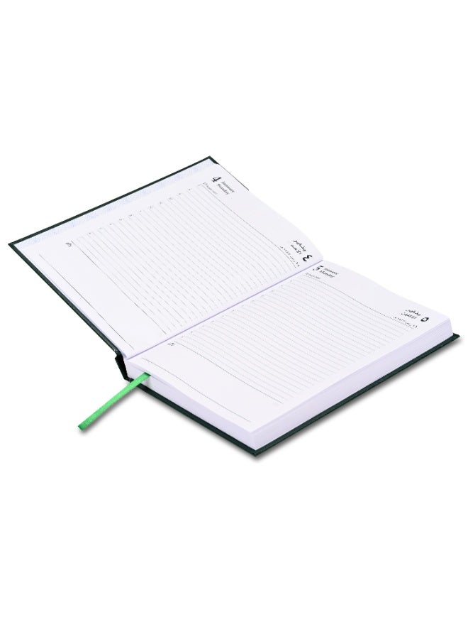 FIS 2026 A5 Diary, 148x210mm Size, 1 Side Padded Vinyl Cover, 1 Day a Page Format, 60gsm White Paper, English/Arabic, Green Cover-FSDI18AE26GR - Image 2