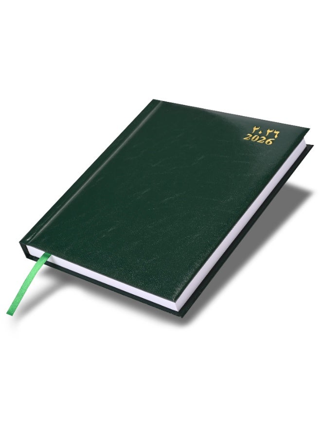FIS 2026 A5 Diary, 148x210mm Size, 1 Side Padded Vinyl Cover, 1 Day a Page Format, 60gsm White Paper, English/Arabic, Green Cover-FSDI18AE26GR - Image 1