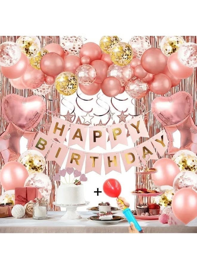 واي جيه زينة حفلة عيد ميلاد باللون الذهب الوردي مع مضخة بالونات، لافتة عيد ميلاد سعيد، ستارة شراشيب باللون الذهب الوردي، بالونات بريق على شكل قلب ونجمة، بالونات ملوّنة معلقة، زخارف كيك للنساء والفتيات، حفلة أميرة عيد ميلاد، 58 قطعة - Image 1