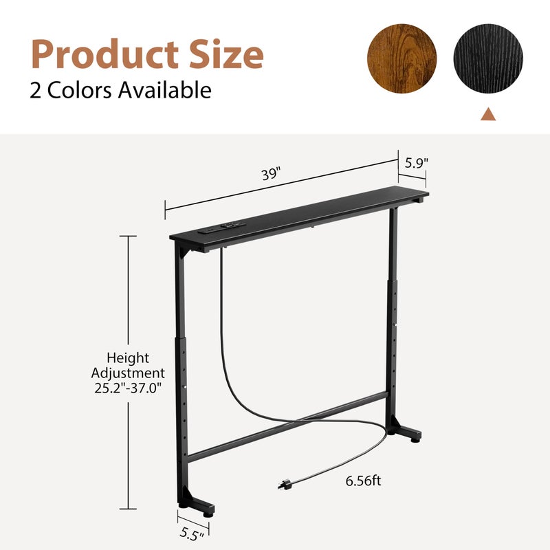 GRLEAF 39" Adjustable Height Narrow Console Table with Power Outlets, Long Sofa Table with Charging Station Behind Couch Table Skinny Entryway Table for Living Room, Hallway and Office â€“ Black - Image 3