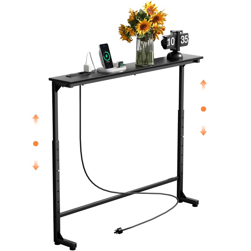 GRLEAF 39" Adjustable Height Narrow Console Table with Power Outlets, Long Sofa Table with Charging Station Behind Couch Table Skinny Entryway Table for Living Room, Hallway and Office â€“ Black - Image 1