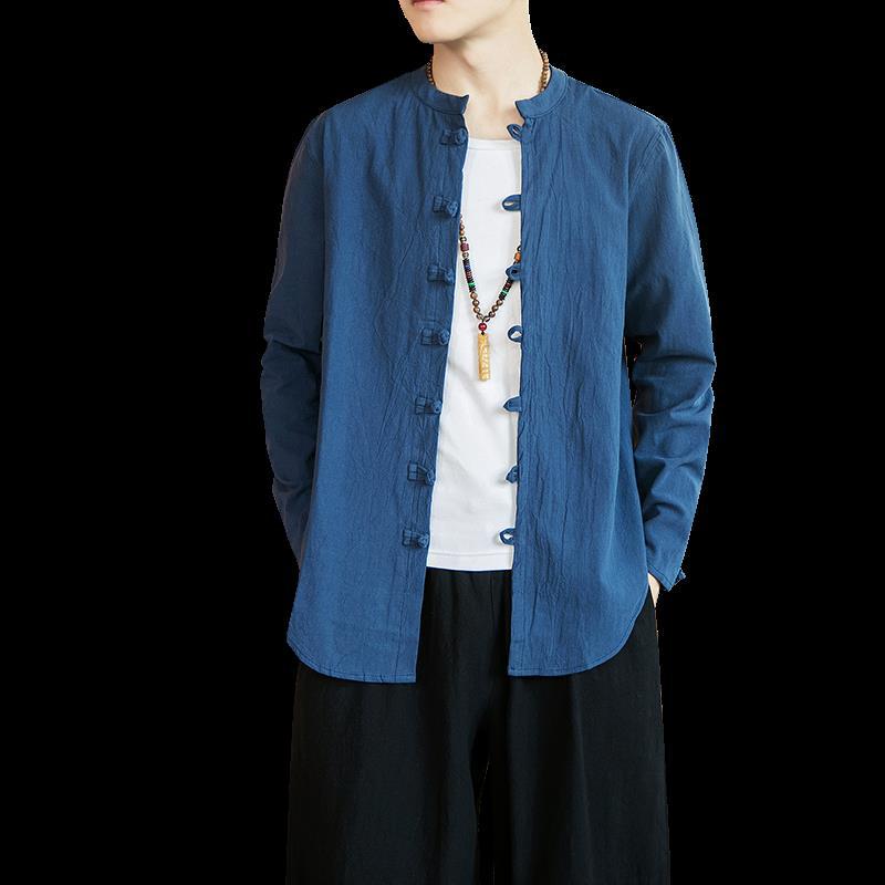 Autumn Mens Clothing Retro Style Chinese Style Cotton and Linen Chinese Style Hanfu Tang Coat Cardigan Loose Casual Long-sleeved Shirt Navy blue 