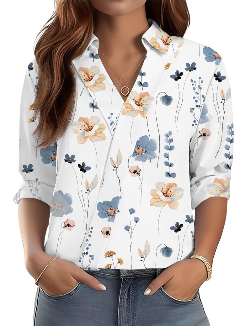 LOMON Womens 2026 Fashion Business Casual Tops 3/4 Sleeve Floral Shirt Summer Lightweight Going Out Pullover (White Pink Floral,S) - Image 1