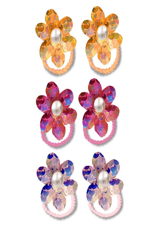 LYKAA 3 PAIR Pearl Flower Hair Rubber Bands for Baby Girls Kids Toddlers Fancy Design Elastic Bands Hair Accessories for Girls kids Cute Floral Rubberbands for Ponytail Holder (3 PAIR) - Image 1