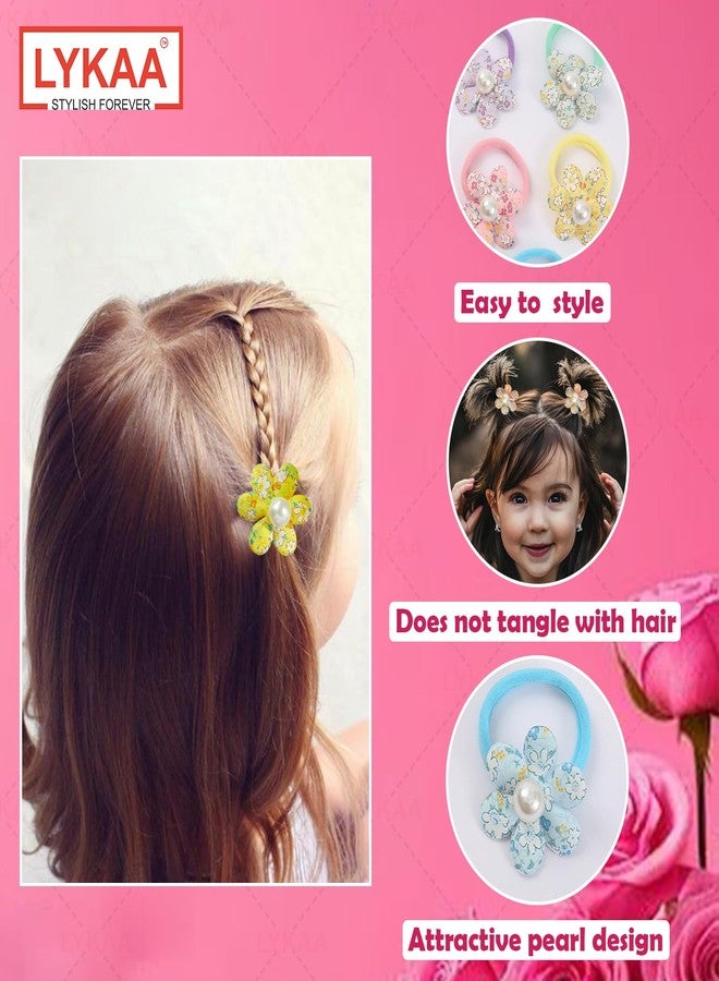 LYKAA 3 PAIR Pearl Flower Hair Rubber Bands for Baby Girls Kids Toddlers Fancy Design Elastic Bands Hair Accessories for Girls kids Cute Floral Rubberbands for Ponytail Holder (3 PAIR) - Image 3