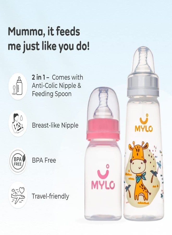 Mylo Baby 2 in 1 Feeding Bottles with Spoon for New Born Baby (125ml + 250ml) | Anti Colic & BPA Free Feeding Bottles | Feels Natural Baby Bottle | Easy Flow Neck Design- Pink + Giraffe - Image 2
