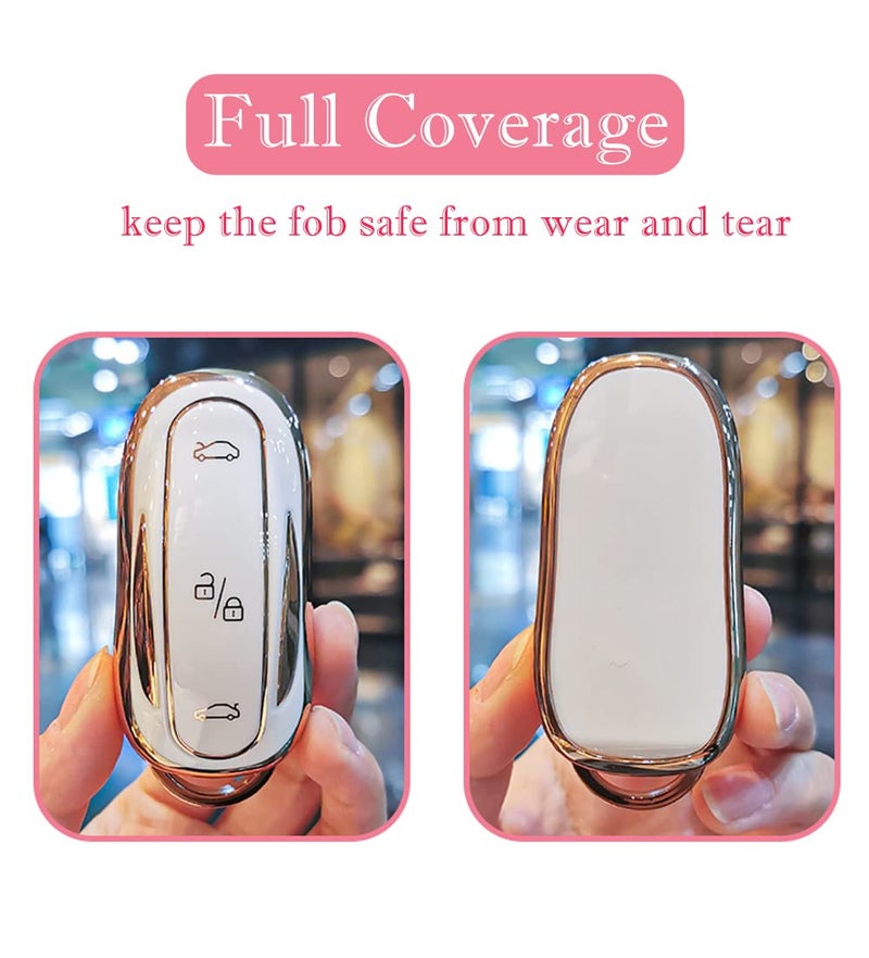 Cacacar for Tesla Model X Key Fob Cover with Keychain, Full Cover Protection Key Fob Case Premium Soft TPU Smart Remote Key Holder (Ivory) - Image 2