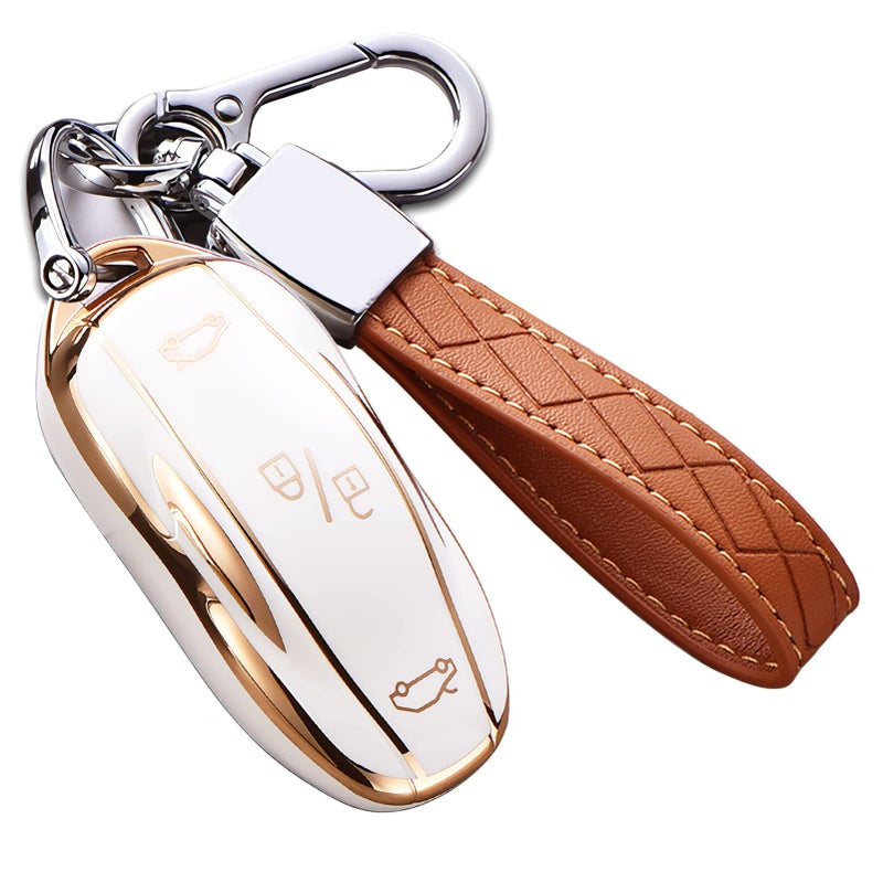 Cacacar for Tesla Model X Key Fob Cover with Keychain, Full Cover Protection Key Fob Case Premium Soft TPU Smart Remote Key Holder (Ivory) - Image 1