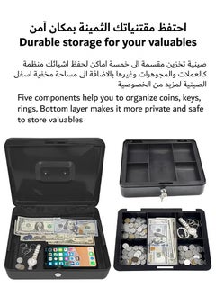 XiuWoo Steel Cash Box with Key Lock Metal Small Money Organizer with Money Tray Cash Storage Box with Lockable Cover  - Image 5