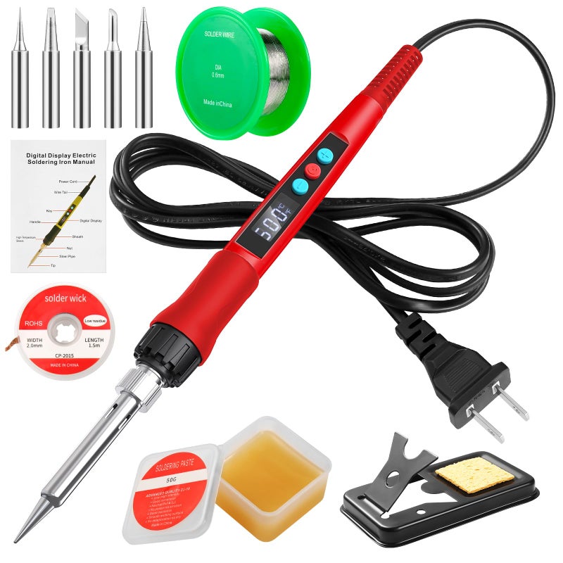 Q-MING Soldering Iron Kit, 100W LED Digital Solder Gun kits with Ceramic Heater, Adjustable Temperature Welding Tools with Tips, Wick Braid, Stand, Solders Wire, Sponge, Flux Paste, Red - Image 1