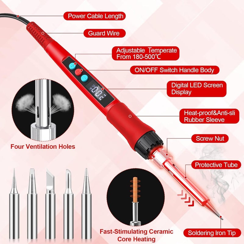 Q-MING Soldering Iron Kit, 100W LED Digital Solder Gun kits with Ceramic Heater, Adjustable Temperature Welding Tools with Tips, Wick Braid, Stand, Solders Wire, Sponge, Flux Paste, Red - Image 2