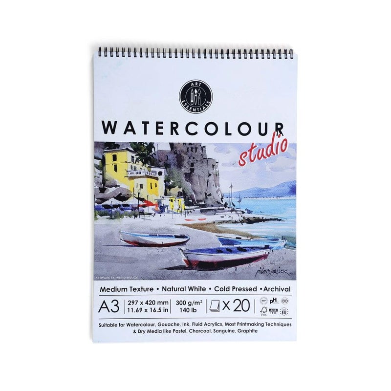 Art Essentials Watercolour Studio A3 Medium Surface 300 GSM Paper, Spiral Pad of 20 Sheets, Acid Free Papers for Water Color, Gouache, Poster Colour, Ink, Acrylic, Mixed Media, Art Painting, Drawing - Image 1