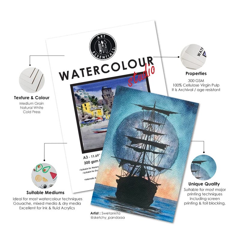 Art Essentials Watercolour Studio A3 Medium Surface 300 GSM Paper, Spiral Pad of 20 Sheets, Acid Free Papers for Water Color, Gouache, Poster Colour, Ink, Acrylic, Mixed Media, Art Painting, Drawing - Image 5