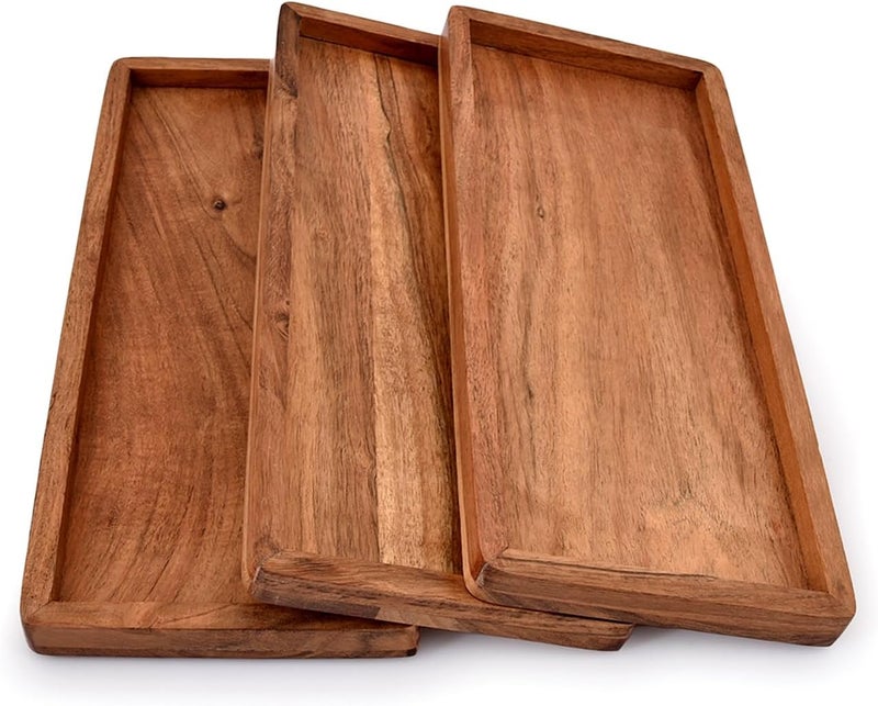 NIRMAN Acacia Wood Rectangular Wooden Platters for Home Decor, Food, Vegetables, Fruit, Charcuterie, Appetizer Serving Tray (13" x 5.5" x 0.75") (Set of 3) - Image 3