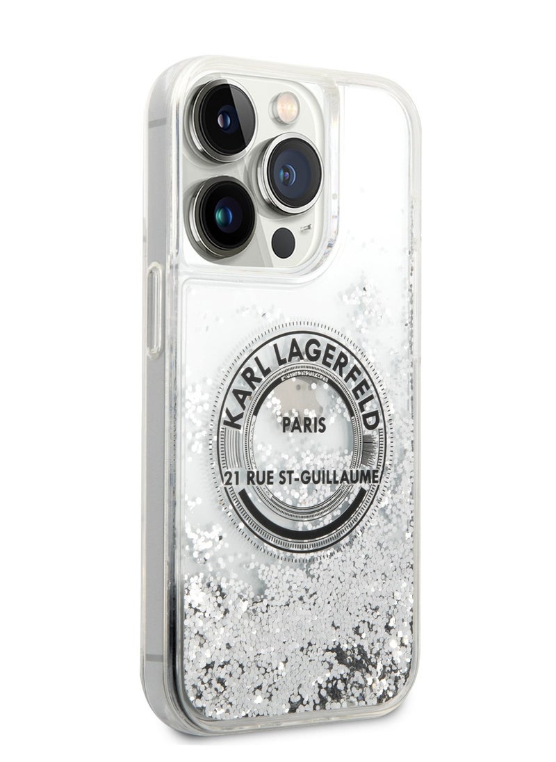 Karl Lagerfeld - iPhone 14 Pro Case Liquid Glitter Back Cover Round Rsg Logo / Officially licensed / Precision and easy access / Protect your smartphone in style / Elegant and slim mobile phone case - Silver - Image 1