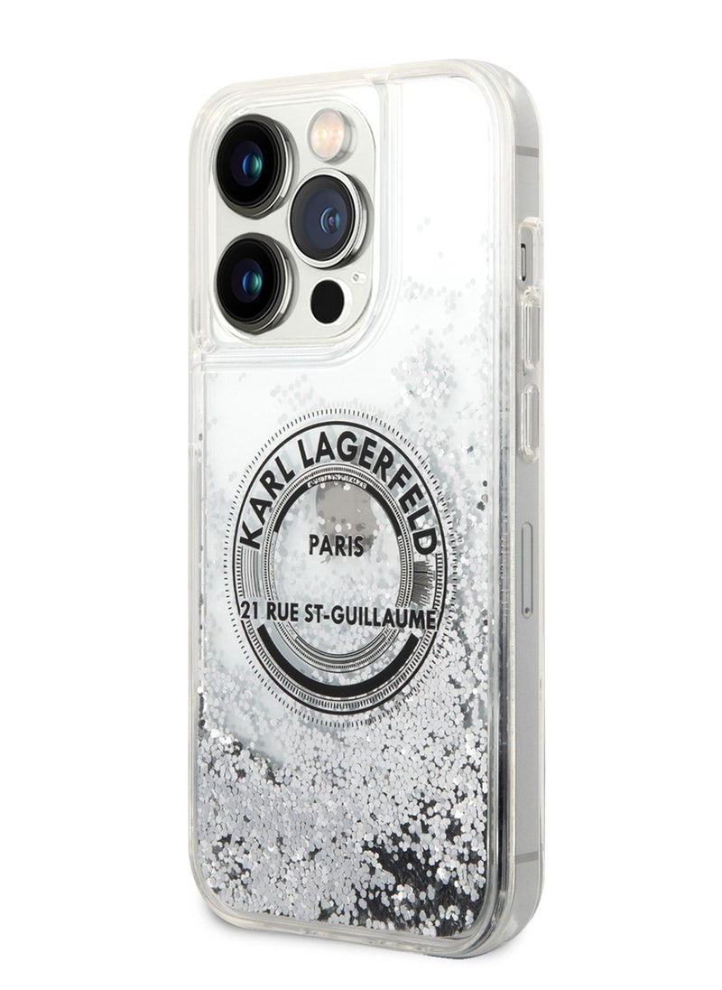 Karl Lagerfeld - iPhone 14 Pro Case Liquid Glitter Back Cover Round Rsg Logo / Officially licensed / Precision and easy access / Protect your smartphone in style / Elegant and slim mobile phone case - Silver - Image 1