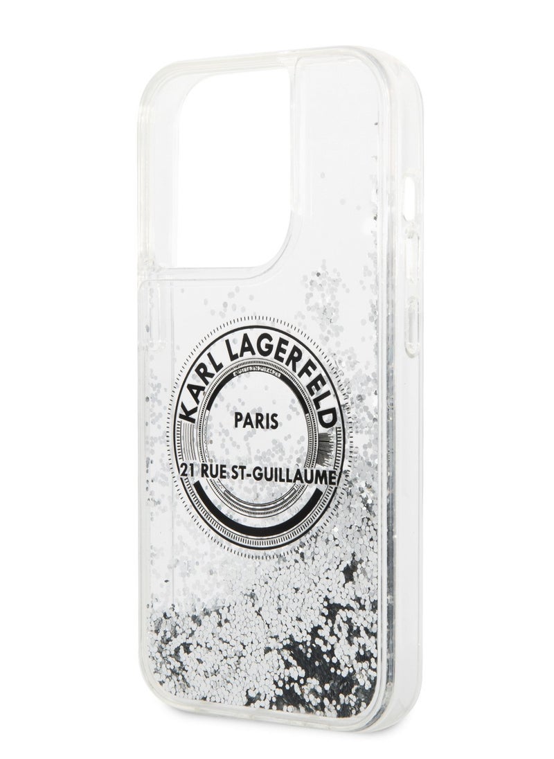 Karl Lagerfeld - iPhone 14 Pro Case Liquid Glitter Back Cover Round Rsg Logo / Officially licensed / Precision and easy access / Protect your smartphone in style / Elegant and slim mobile phone case - Silver - Image 1