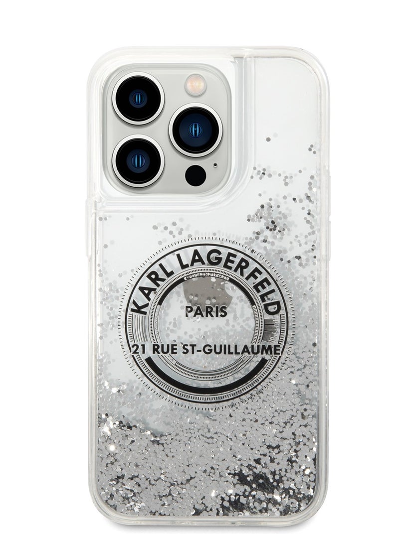 Karl Lagerfeld - iPhone 14 Pro Case Liquid Glitter Back Cover Round Rsg Logo / Officially licensed / Precision and easy access / Protect your smartphone in style / Elegant and slim mobile phone case - Silver - Image 1