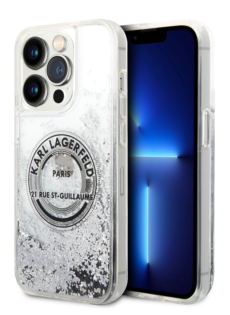 Karl Lagerfeld - iPhone 14 Pro Case Liquid Glitter Back Cover Round Rsg Logo / Officially licensed / Precision and easy access / Protect your smartphone in style / Elegant and slim mobile phone case - Silver - Image 1