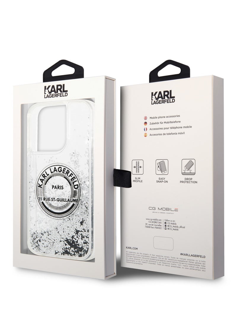 Karl Lagerfeld - iPhone 14 Pro Case Liquid Glitter Back Cover Round Rsg Logo / Officially licensed / Precision and easy access / Protect your smartphone in style / Elegant and slim mobile phone case - Silver - Image 1