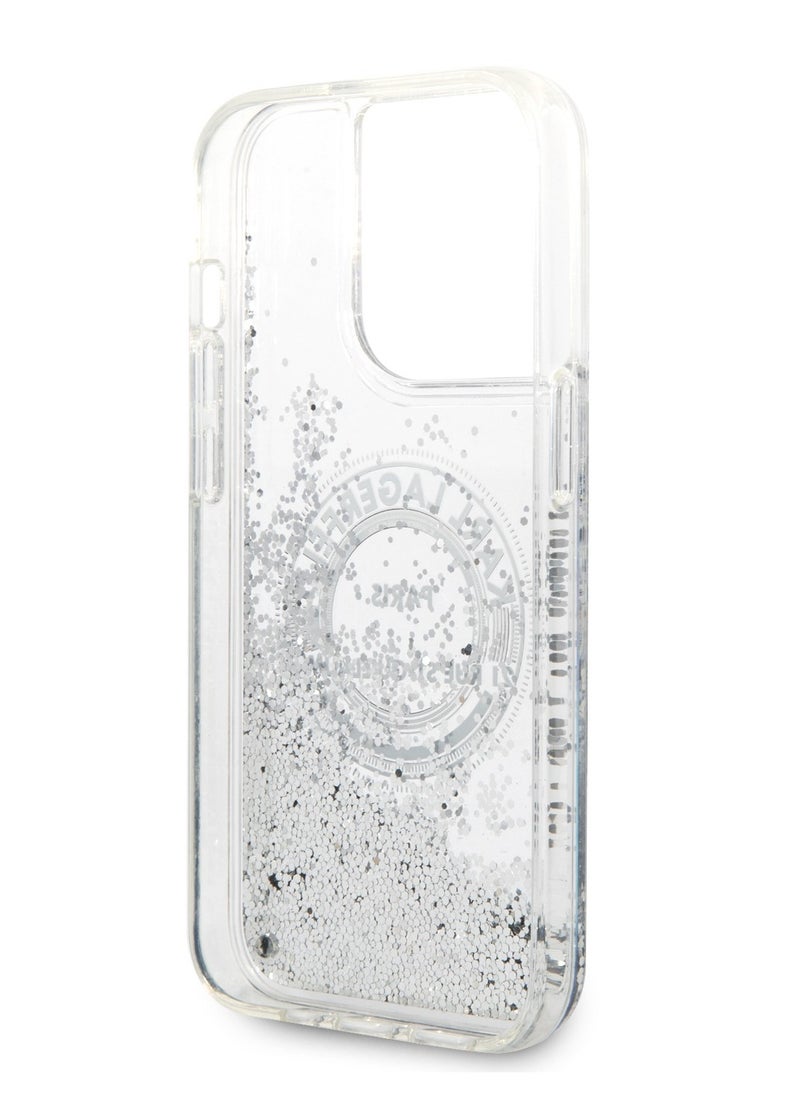 Karl Lagerfeld - iPhone 14 Pro Case Liquid Glitter Back Cover Round Rsg Logo / Officially licensed / Precision and easy access / Protect your smartphone in style / Elegant and slim mobile phone case - Silver - Image 1