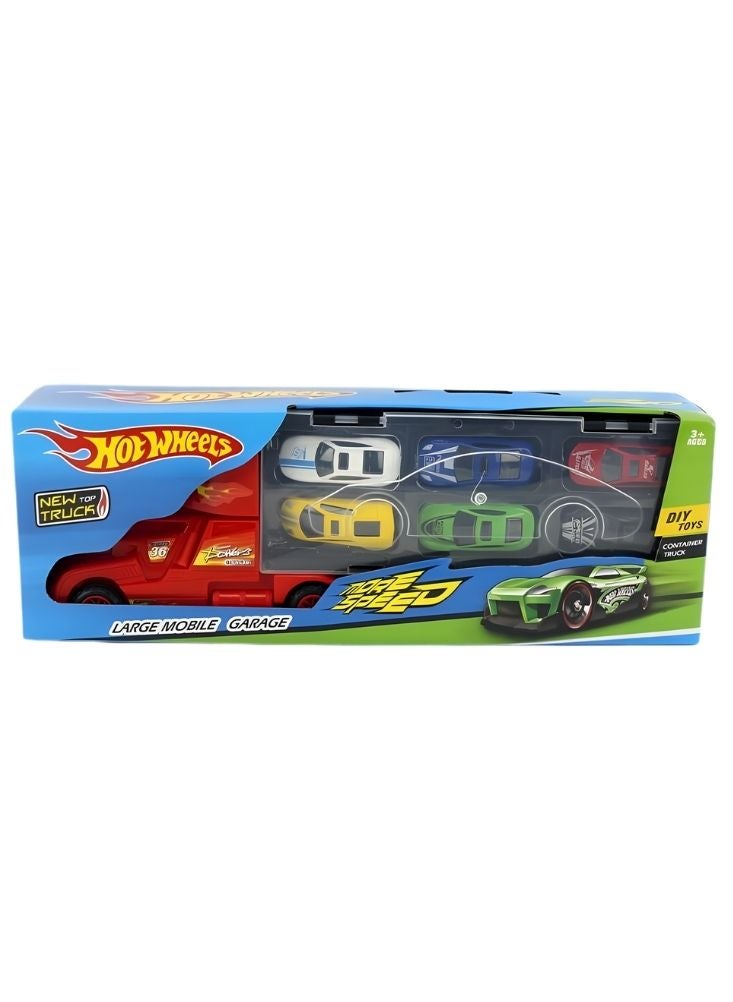 Hot Wheels Inspired Large Mobile Garage Truck with 6 Mini Racing Cars – Portable Car Carrier Storage and Racing Playset for Kids - Image 1