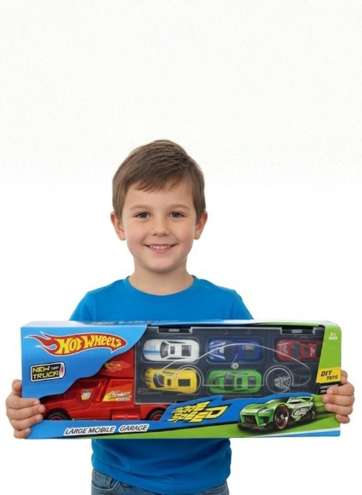 Hot Wheels Inspired Large Mobile Garage Truck with 6 Mini Racing Cars – Portable Car Carrier Storage and Racing Playset for Kids - Image 3
