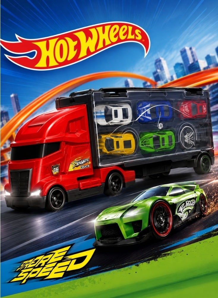 Hot Wheels Inspired Large Mobile Garage Truck with 6 Mini Racing Cars – Portable Car Carrier Storage and Racing Playset for Kids - Image 1