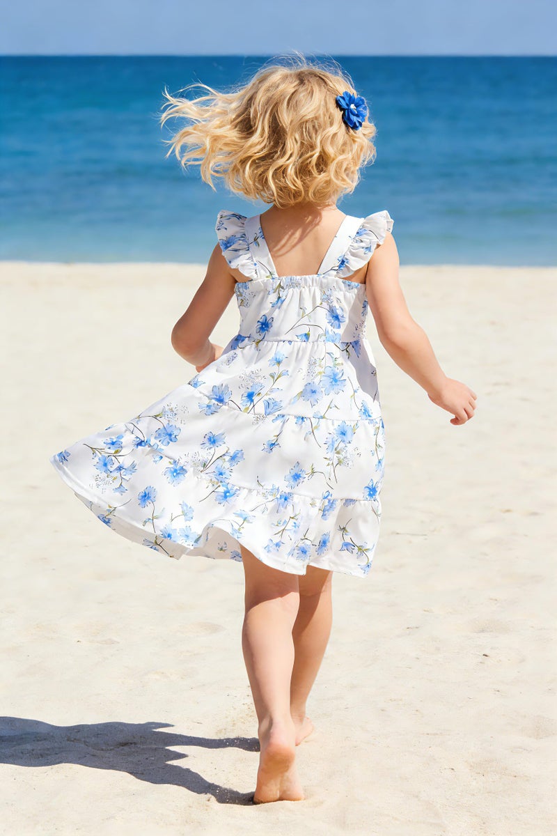 NUBEEHOHO Toddler Dress Blue Floral Girls Summer Outfits Flutter Sleeve Twirly Shirred Tiered Beach Boho Sundress Kids Smock Flower Dresses 5-6 Years/1539 - Image 3