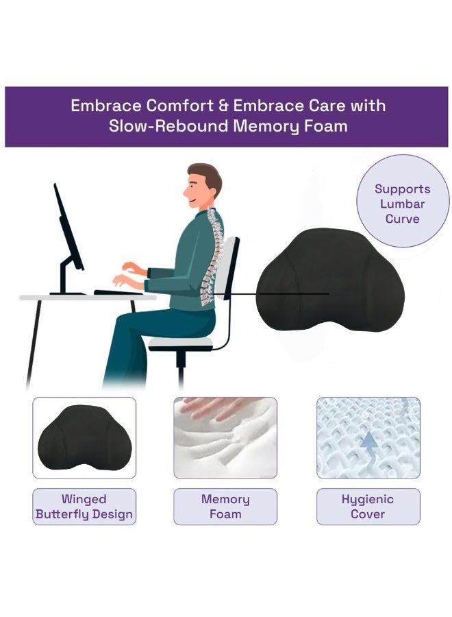 3XR Black 46x31cm Memory Foam Lumbar Support Pillow/Back Cushion. Contoured Ergonomic Design for Office Chair, Car Seat & Home Use. Supports Spine, Relieves Lower Back Pain. Easy-Care Washable Cover for Posture Correction. - Image 3