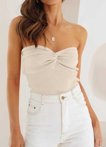 EFAN Womens Tube Tops Summer Sweater Twist Knot Front Knit Bandeau Strapless Ribbed Sleeveless Y2K Corset Crop Top Apricot L - Image 2