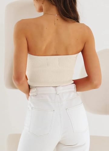 EFAN Womens Tube Tops Summer Sweater Twist Knot Front Knit Bandeau Strapless Ribbed Sleeveless Y2K Corset Crop Top Apricot L - Image 3