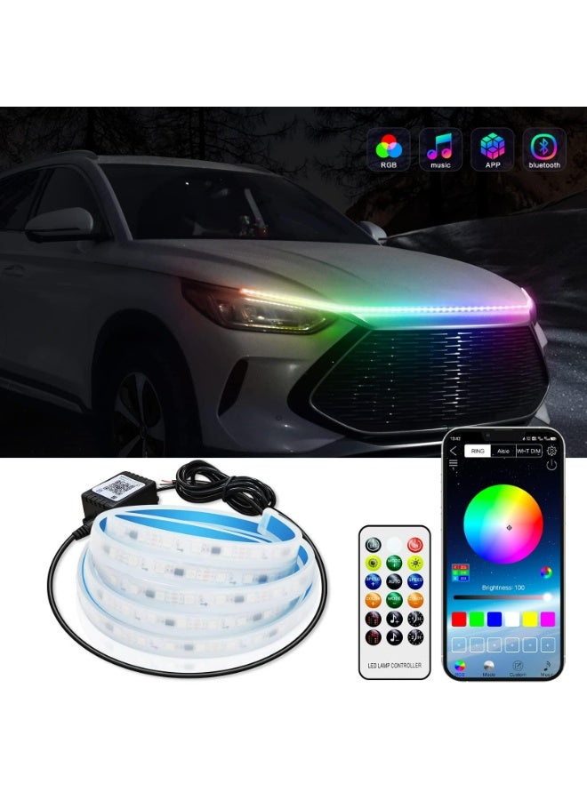 CMGTYYD Exterior Car LED Hood Light Strip, 59 IN Multi Color Car Under Hood Decoration Light Strips with Chasing, Flexible Waterproof Daytime Running Light Strip kit for Cars, SUVs, Trucks  - Image 1