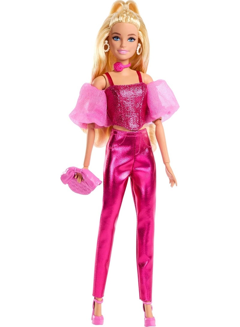 Barbie Deluxe Style Doll in Metallic Pink Outfit with Blonde Hair, Sparkly Corset Top & Fashion Accessories - Image 1
