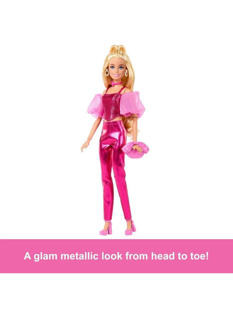 Barbie Deluxe Style Doll in Metallic Pink Outfit with Blonde Hair, Sparkly Corset Top & Fashion Accessories - Image 4