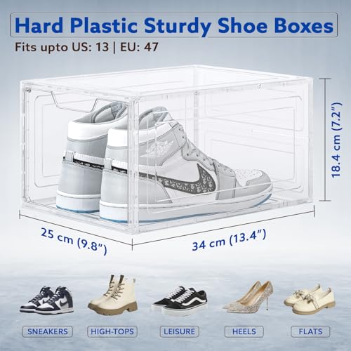 Primalite HEAVY-DUTY Shoe Crates Storage Box-12 Pack with DROP-SIDE Display Magnetic Door, THICKEN & STURDY HARD Plastic Stackable Rectangular Container SNEAKER Boxes | Fits Upto US: 13- CLEAR - Image 2