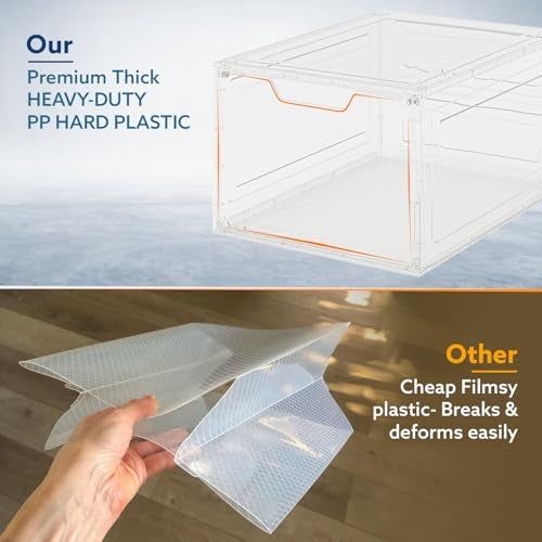 Primalite HEAVY-DUTY Shoe Crates Storage Box-12 Pack with DROP-SIDE Display Magnetic Door, THICKEN & STURDY HARD Plastic Stackable Rectangular Container SNEAKER Boxes | Fits Upto US: 13- CLEAR - Image 3