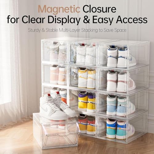 Primalite HEAVY-DUTY Shoe Crates Storage Box-12 Pack with DROP-SIDE Display Magnetic Door, THICKEN & STURDY HARD Plastic Stackable Rectangular Container SNEAKER Boxes | Fits Upto US: 13- CLEAR - Image 4