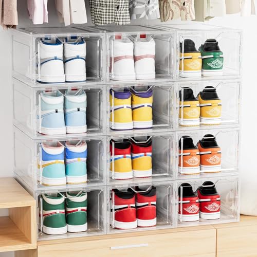 Primalite HEAVY-DUTY Shoe Crates Storage Box-12 Pack with DROP-SIDE Display Magnetic Door, THICKEN & STURDY HARD Plastic Stackable Rectangular Container SNEAKER Boxes | Fits Upto US: 13- CLEAR - Image 1