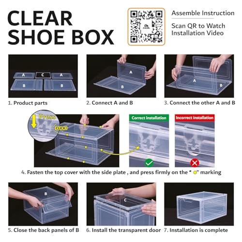 Primalite HEAVY-DUTY Shoe Crates Storage Box-12 Pack with DROP-SIDE Display Magnetic Door, THICKEN & STURDY HARD Plastic Stackable Rectangular Container SNEAKER Boxes | Fits Upto US: 13- CLEAR - Image 5