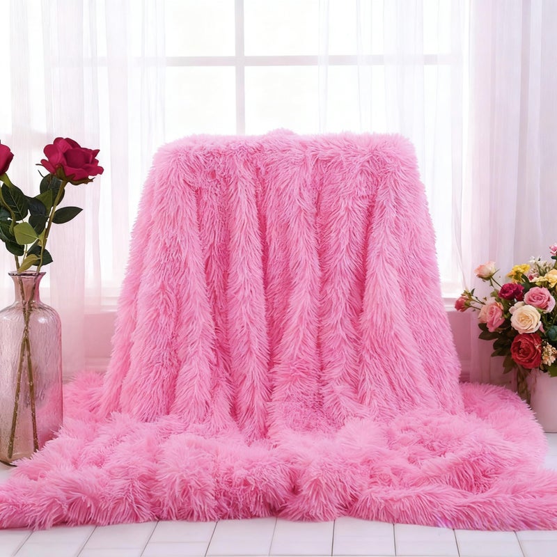 MYRU Plush Super Soft Blanket Bedding Sofa Cover Furry Fuzzy Fur Warm Throw Qulit Cozy Couch Blanket for Winter (63"x79", Pink) - Image 1